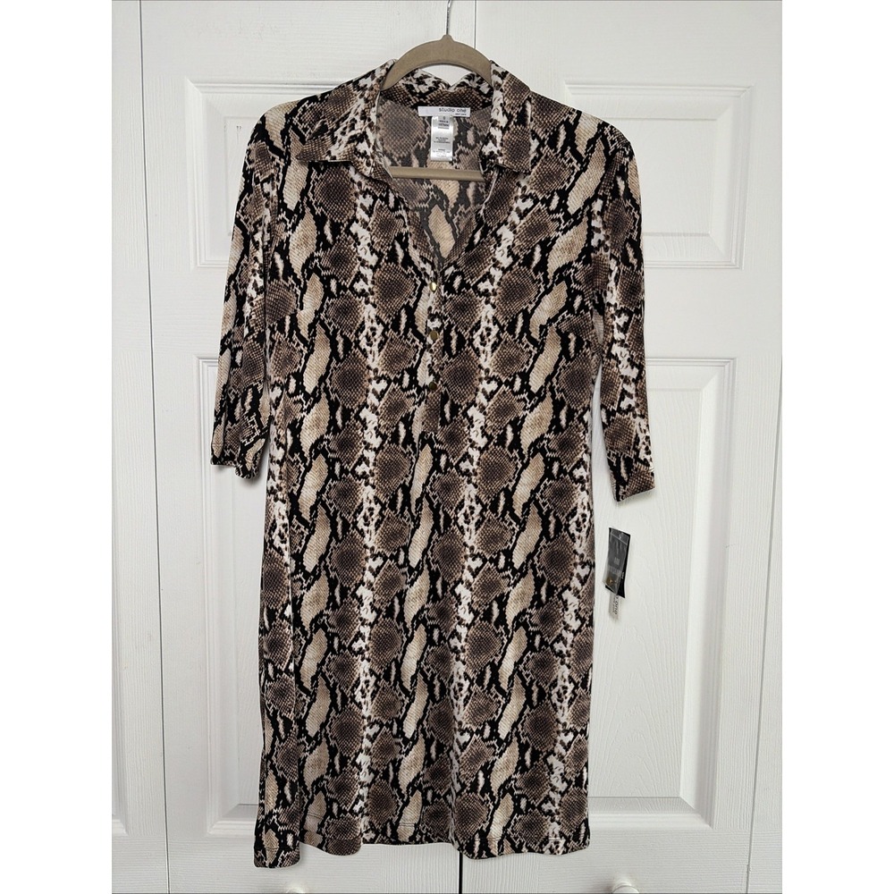 Studio One Snake Print Shirt Dress Womens Size S Brown New Office Siren Mob Wife
